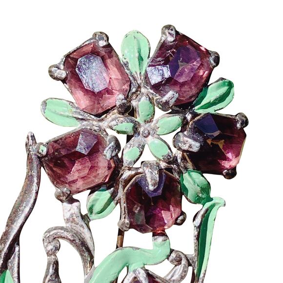 Vintage 1930s Floral Bouquet Brooch Purple Glass Enamel Pot Metal Jewelry Pin - Picture 15 of 15
